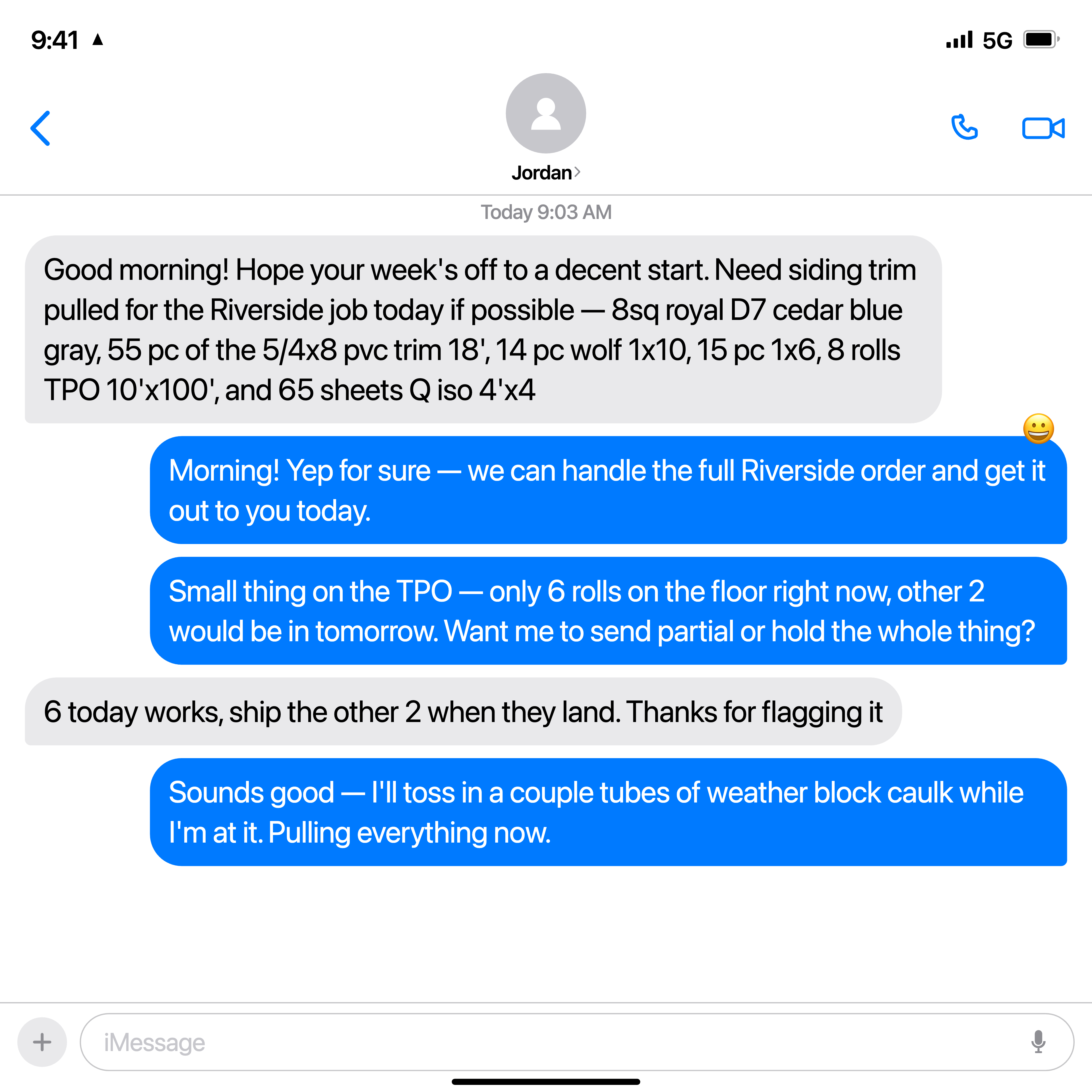 iMessage order thread from Jordan